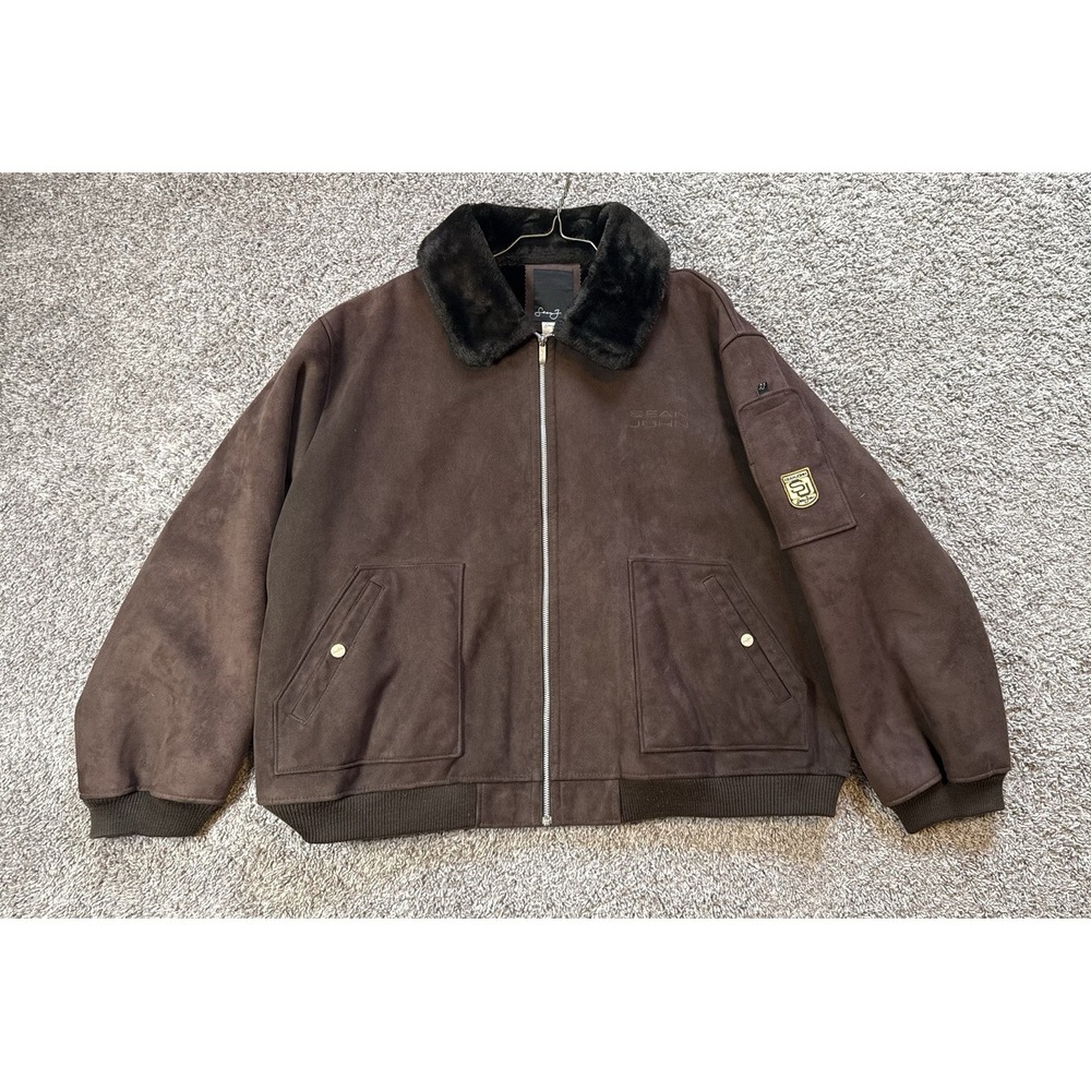Vintage SEAN JOHN Faux Brown Suede Bomber Jacket Coat Mens XL Sherpa Lined